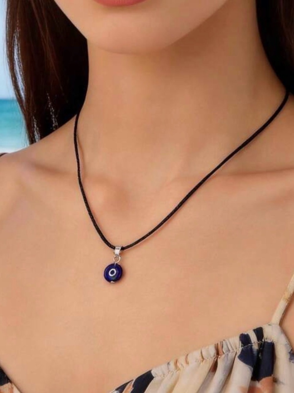 Blue Glass Evil Eye Pendant Necklace with Black Cord Strand